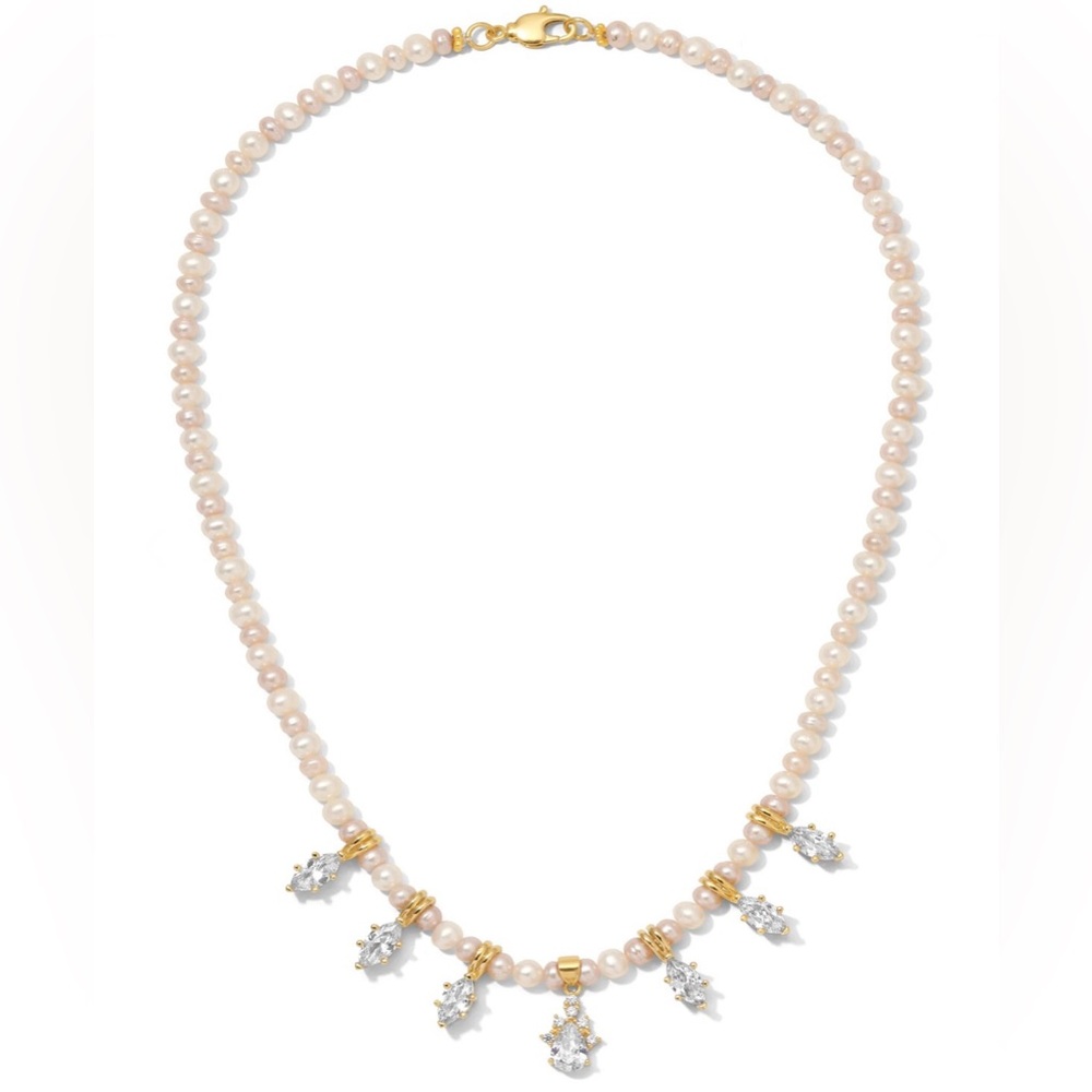 Vanessa Mooney Blush Pearl Necklace with Gold and Clear Crystal Drops